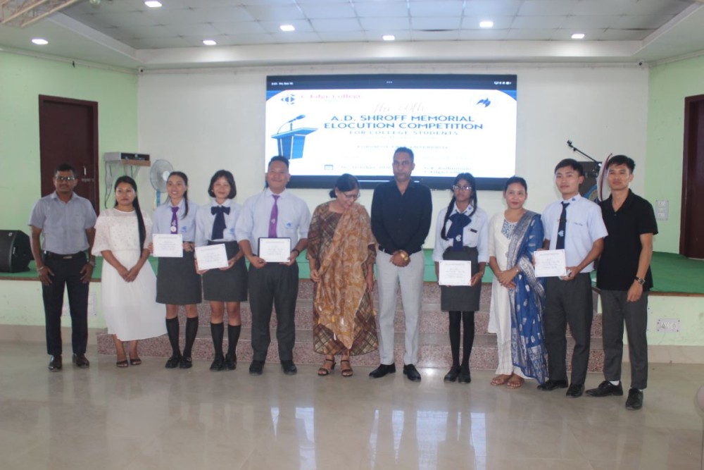 Participants along with the faculty and judges during the 60th AD Shroff Memorial Elocution Competition at GK Auditorium on October 16.
